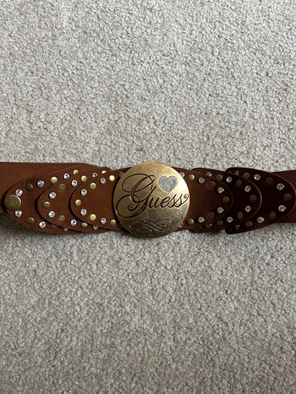 Guess Brown Leather Belt with Gold Logo Buckle and Studs